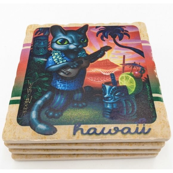 KC Hawaii Other - Cat Playing Ukulele Ceramic Coasters Set Aloha Hula Hawaii Tiki Bar Summer Party